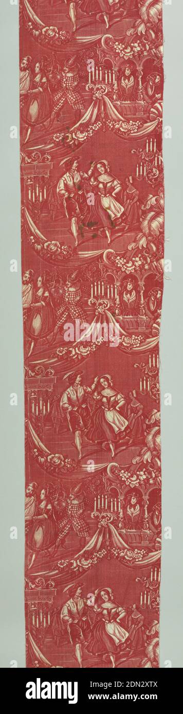 Textil, Medium: Baumwolle Technik: Bedruckt mit Kupfergravur auf Leinwandbindung, Scenic Muster in rot - Stück A vom linken Drittel und Stück B vom rechten Drittel. Das Muster ist in zwei abwechselnd wiederholenden Bändern angeordnet, die durch Swags und Blumengirlanden geteilt sind. Die szenischen Bands zeigen Tanz in den mittleren Bereichen mit Zuschauern in Theaterkästen links und rechts von Stoff abgeschlossen, wenn Stofflängen platziert Seite an Seite., Mitteleuropa, 19. Jahrhundert, bedruckte, gefärbte & bemalte Textilien, Textil Stockfoto