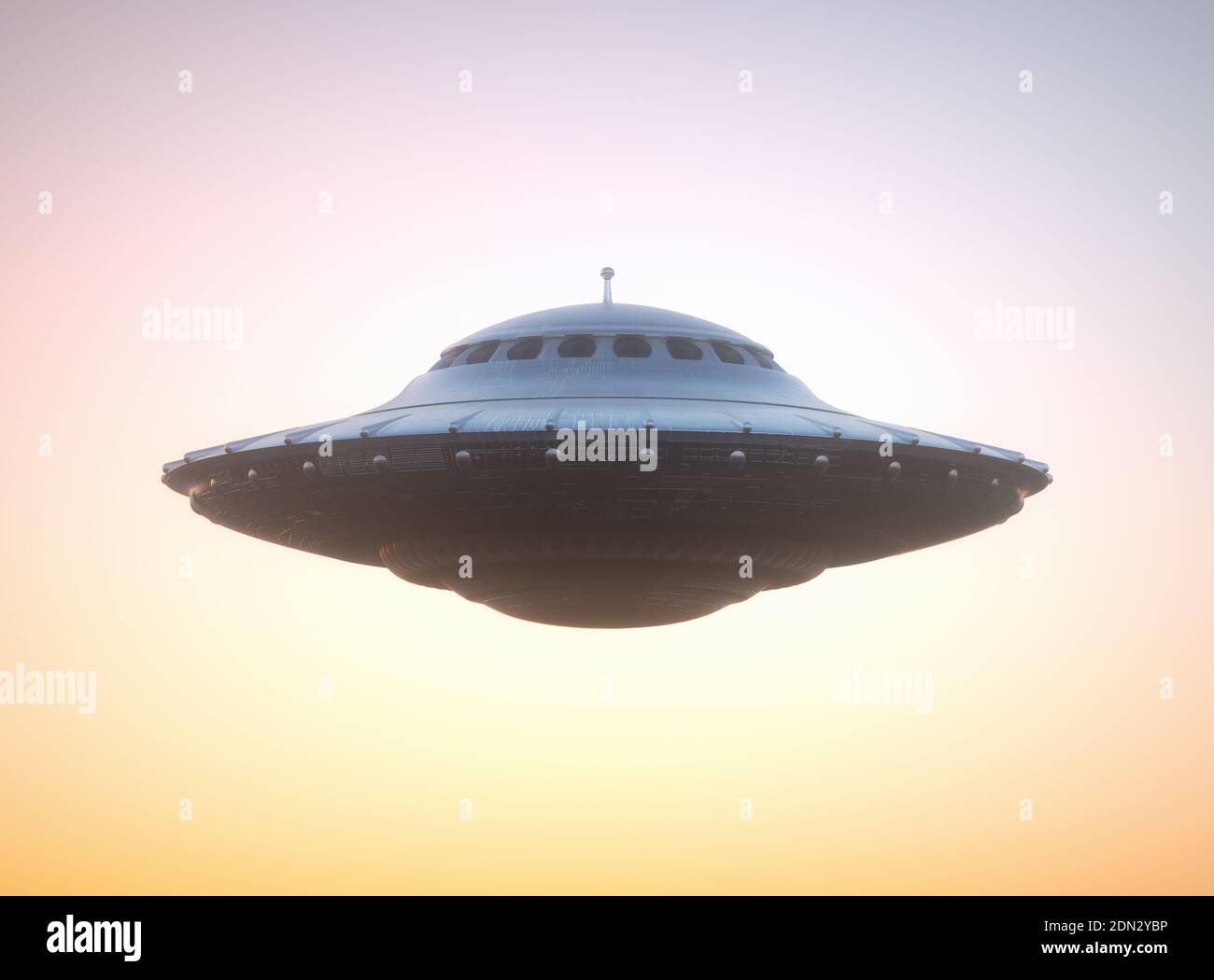 Nicht identifiziertes fliegendes Objekt UFO. Beschneidungspfad enthalten. 3D-Illustration. Stockfoto