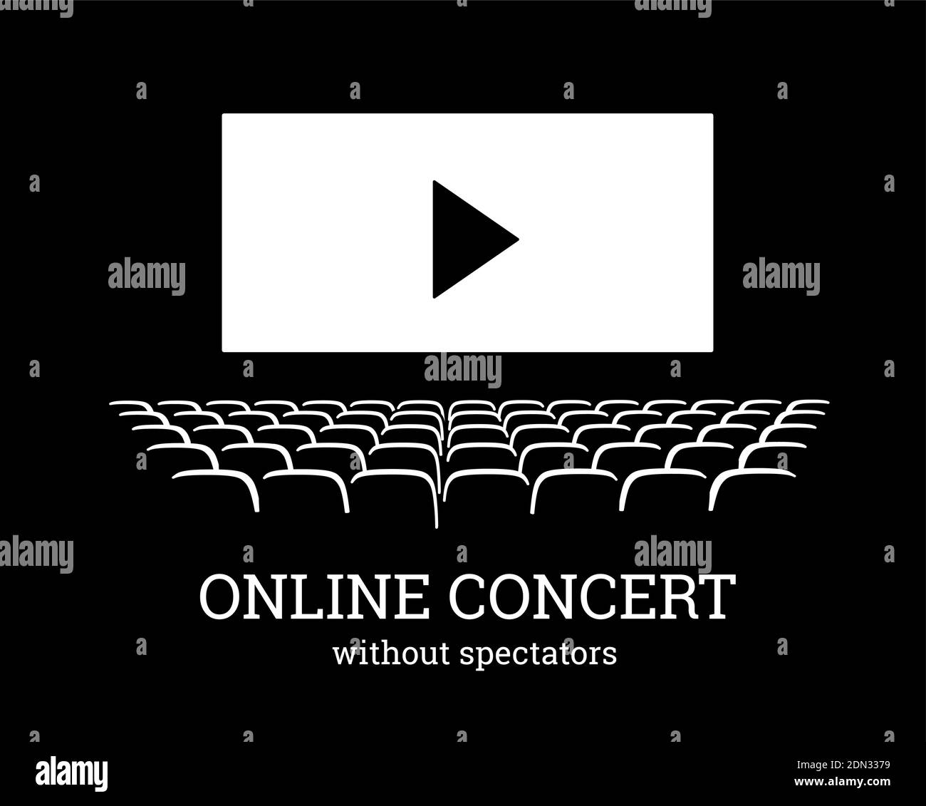 Online-Konzert ohne Zuschauer. Vektordarstellung mit leerem Auditorium und Videoplayer auf dem Bildschirm. Gegen die Ausbreitung des Coronavirus, covid-19 Stock Vektor