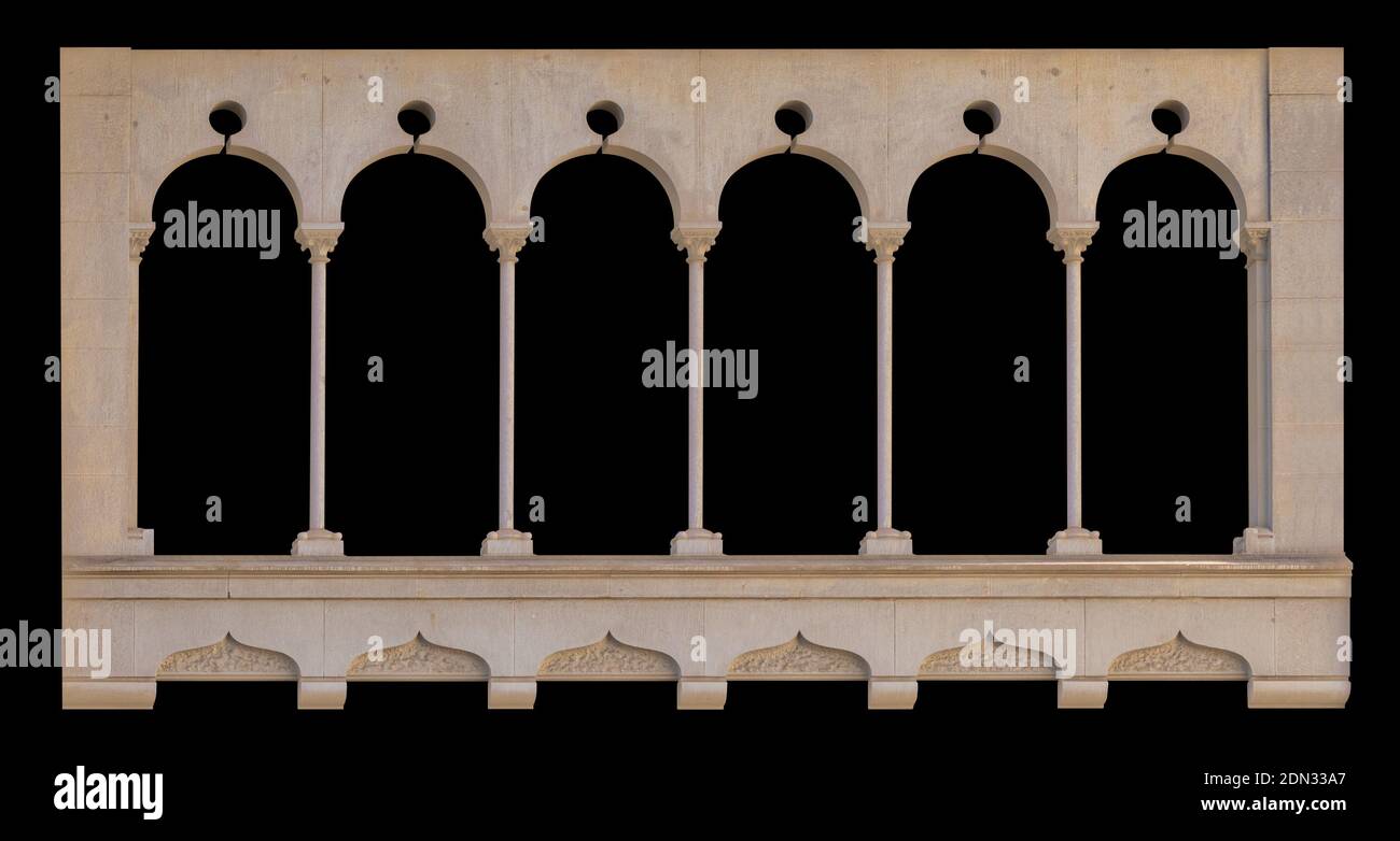 Auf den Straßen in Katalonien, öffentliche Plätze. Elemente der architektonischen Dekorationen von Gebäuden, Türen und Bögen, Gipsformen und Muster. Stockfoto