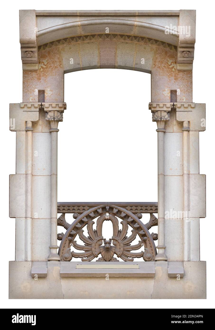 Elemente der Architektur der Gebäude, der alten Bögen, der Säulen, der Fenster und der Öffnungen. Auf den Straßen in Katalonien, öffentliche Plätze. Stockfoto