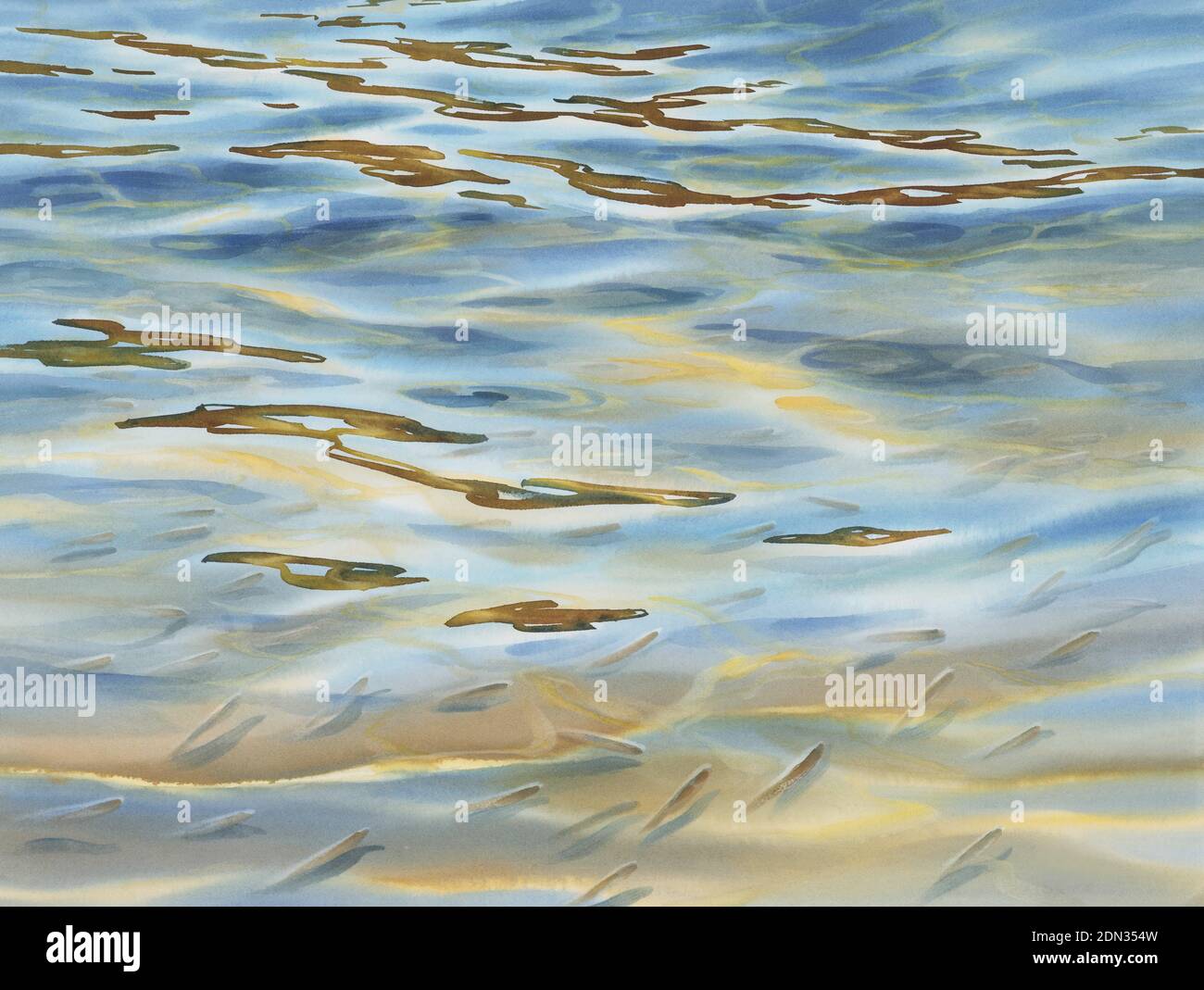 Sonnige Wasser mit transparenten Wellen Aquarell Hintergrund Stockfoto