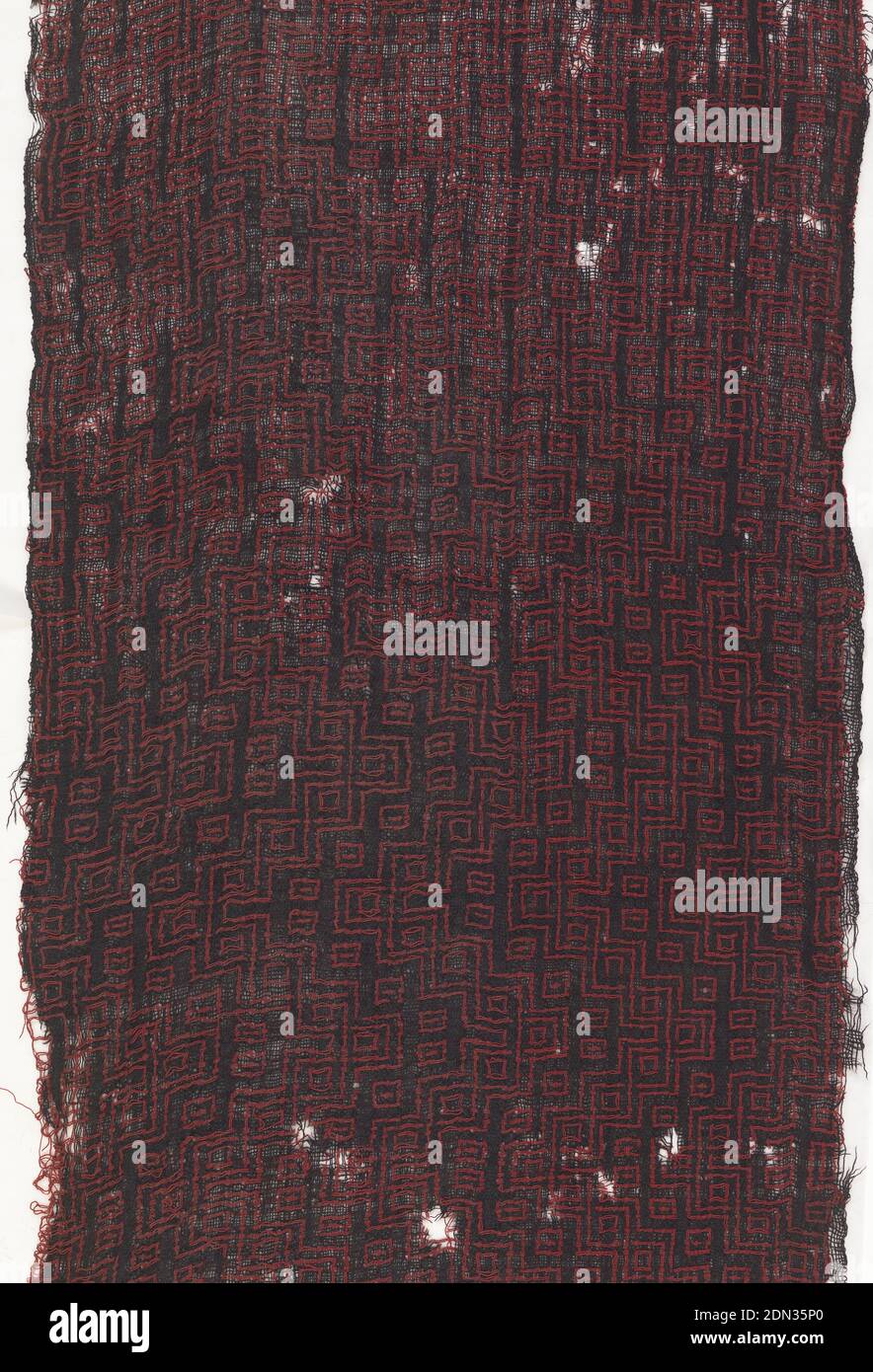 Fragment, Medium: Technik: Leinwandbindung mit fortlaufender ergänzender Warp- und Schussmusterung, Fragment mit einfachem blauem Stoffhintergrund mit roten geometrischen Motiven., Nazca, Peru, 100 v. Chr.–800 n. Chr., gewebte Textilien, Fragment Stockfoto