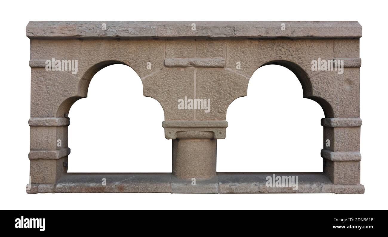 Elemente der Architektur der Gebäude, der alten Bögen, der Säulen, der Fenster und der Öffnungen. Auf den Straßen in Katalonien, öffentliche Plätze. Stockfoto