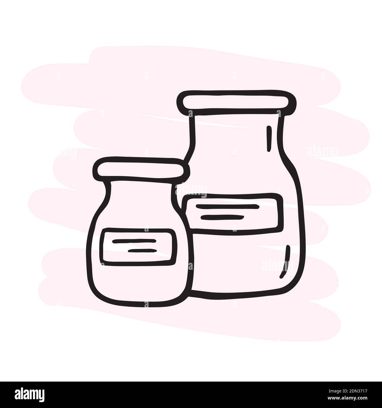 Zeichnung von Gläsern mit Etiketten. Leere Medikamentenbehälter. Vektor. Doodle Stock Vektor