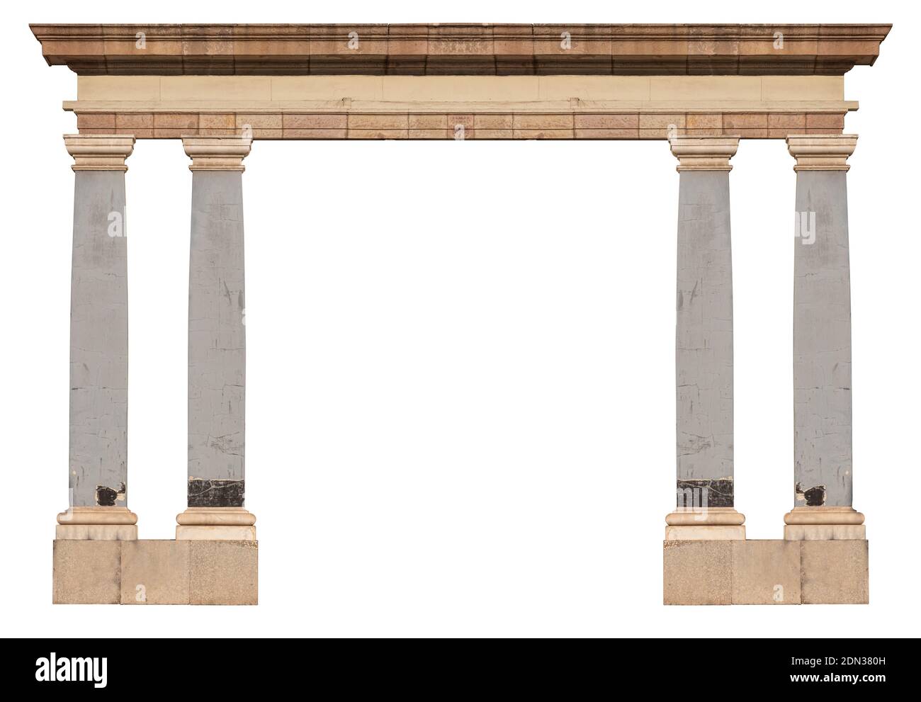 Elemente der Architektur der Gebäude, der alten Bögen, der Säulen, der Fenster und der Öffnungen. Auf den Straßen in Katalonien, öffentliche Plätze. Stockfoto