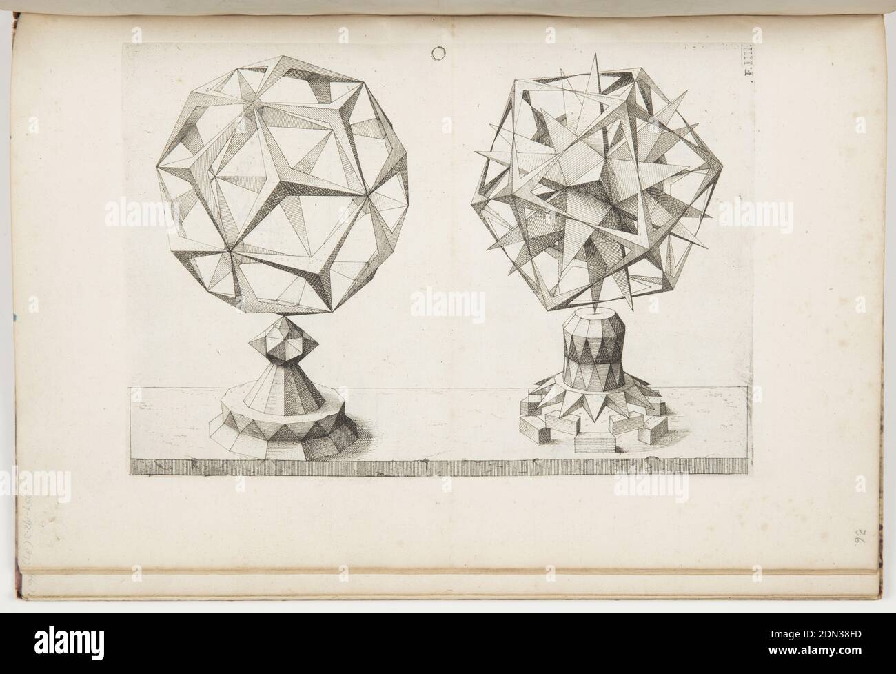 Platte O, F.IIII, Rhombentrikontaeder und Ikosaeder (rhombische Triakontraeder und Icosaeder), Perspectiva corporum Regularium (Perspektive der regulären Körper), Wenzel Jamnitzer, Deutsch, 1508–1585, Jost Amman, Schweiz, aktives Deutschland, 1539–1591, Etching auf geverlegtem Papier, Platte aus Jamnitzers Kompendium der Regulargeometrie (Perspektive des Spektrums) Zeigt zwei polyedrale Varianten. Das Buch basiert auf den fünf platonischen Festkörpern oder "Regular Bodies", Deutschland, 1568, Modelle und Prototypen, Print Stockfoto
