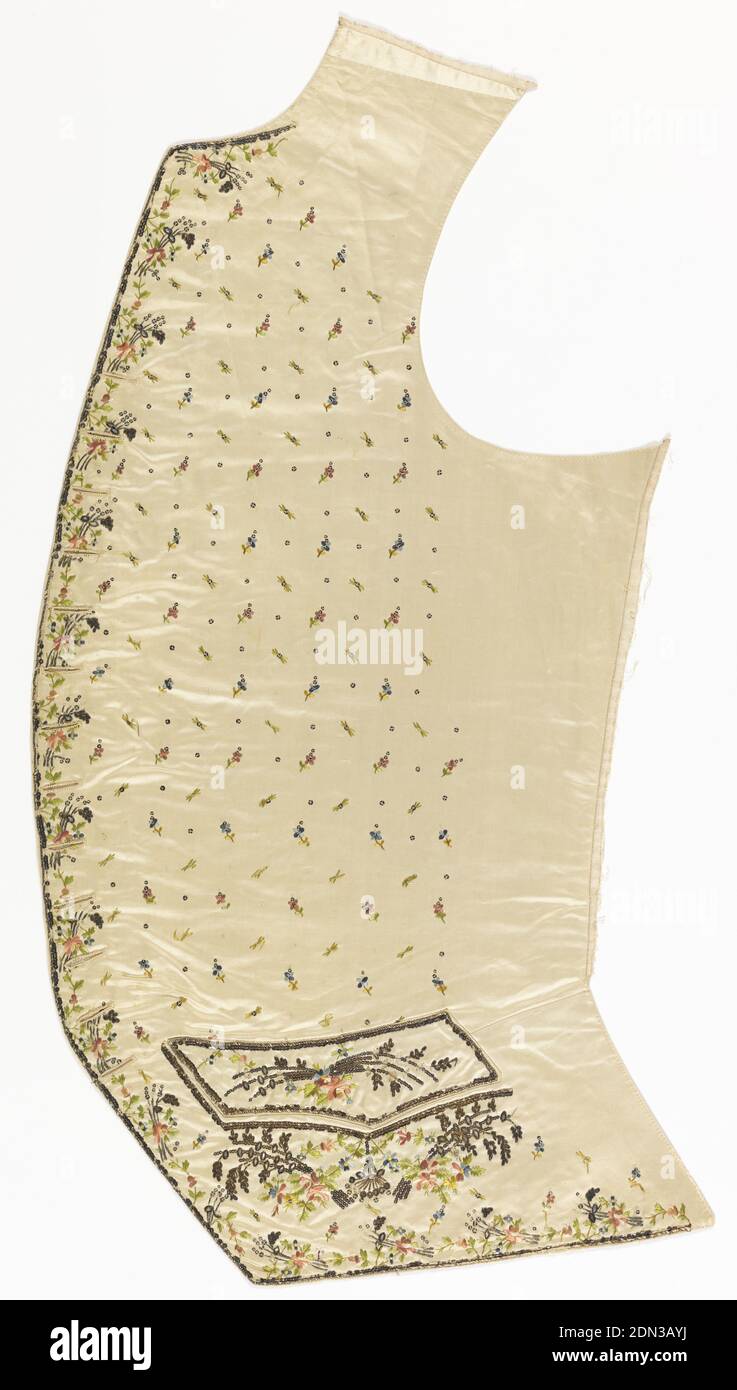 Weste Fragmente, Medium: Seide, Pailletten (Pailletten), falsche Juwelen und 3 Arten von metallumwickelter Seide, auf Seide Technik: Bestickt mit Satin und Stiel Stich, appliquéd auf Satingewebe, Fragmente einer bestickten Weste mit geradem Saum. Cremefarbene Seide bestickt mit Mustern aus kleinen verstreuten Blumen und Pailletten. Bestickt mit größeren Muster von Blumensträußen mit falschen Juwelen entlang der Mitte und auf und unter Taschenklappen. Mit Blumen bestickte, mit Seide bedeckte Knöpfe., Frankreich, 1770–80, Kostüm & Accessoires, Weste Fragmente Stockfoto