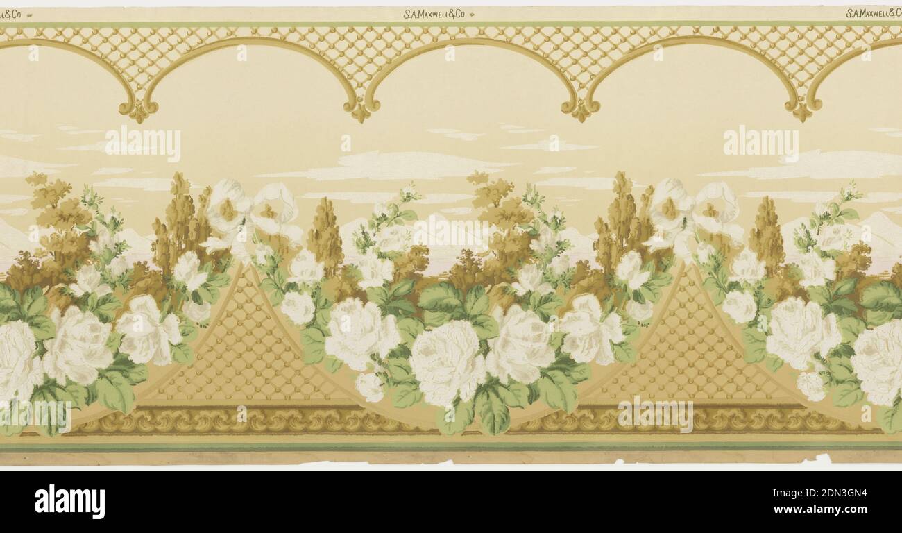 Frieze, maschinenbedrucktes Papier, Liquid Mica, Landscape Frize. Spalier Bögen über oben und umgekehrte Bögen entlang unten. Szene enthält Berge und Wolken. Rose Swags im Vordergrund., USA, 1905–1915, Wallcoverings, Frieze Stockfoto