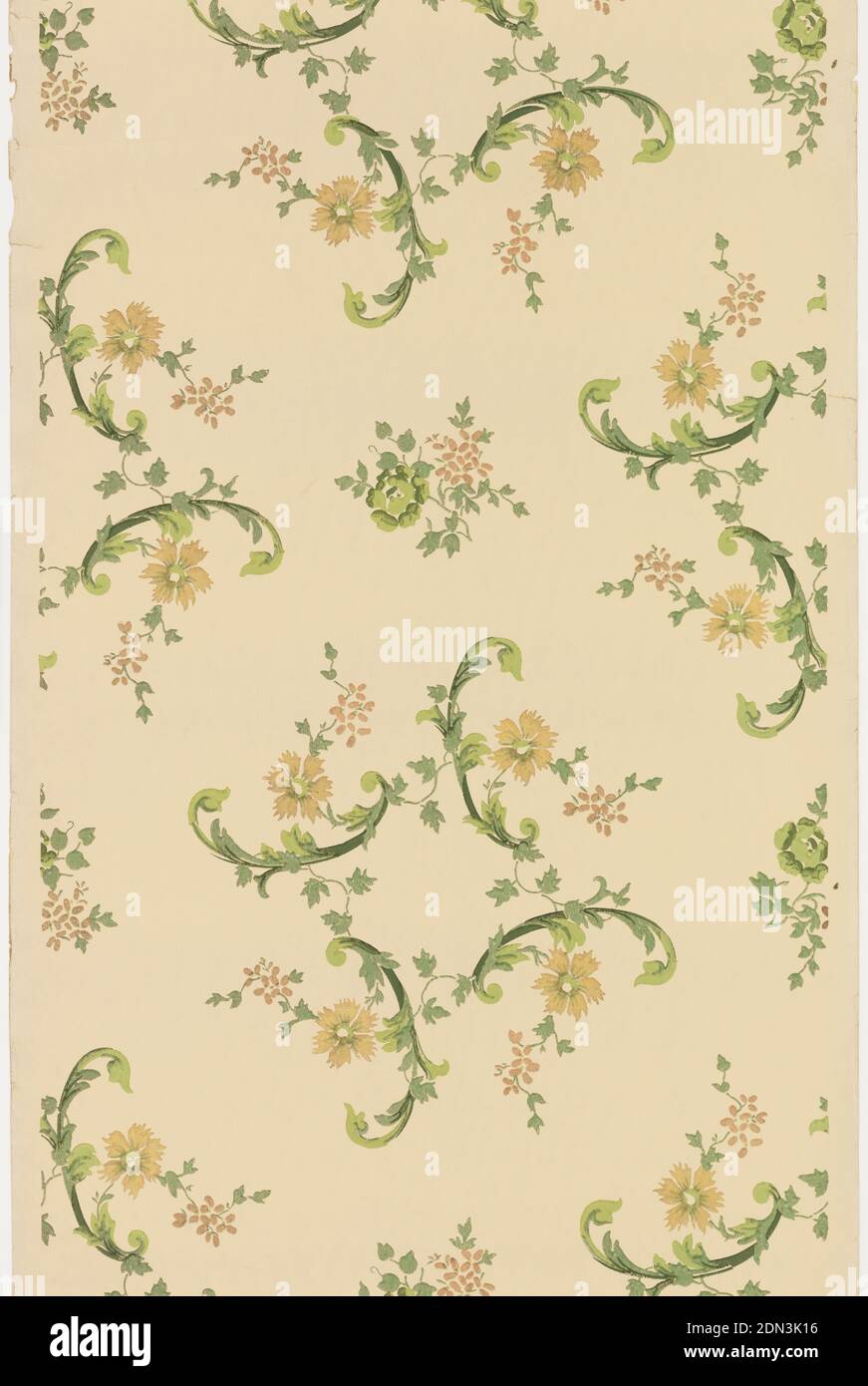 Deckenpapier, maschinenbedrucktes Papier, flüssige Glimmer, Petite Blumen und rollendes Laub bilden eine vierzackige Sternform. Diese Diamantformen wechseln sich ab mit einem floralen Zweig., USA, 1905–1915, Wandverkleidungen, Deckenpapier Stockfoto