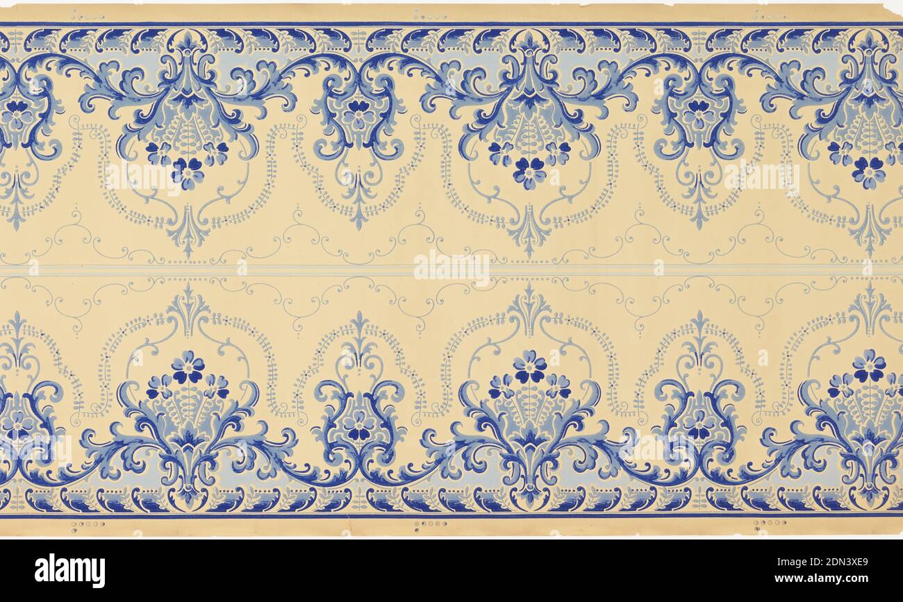 Frieze, maschinenbedrucktes Papier, ungeerdet, zwei quer bedruckt. Florales Medaillon in zwei Blautönen auf ungeerdetem Papier gedruckt, USA, 1905–1915, Wandverkleidungen, Frieze Stockfoto