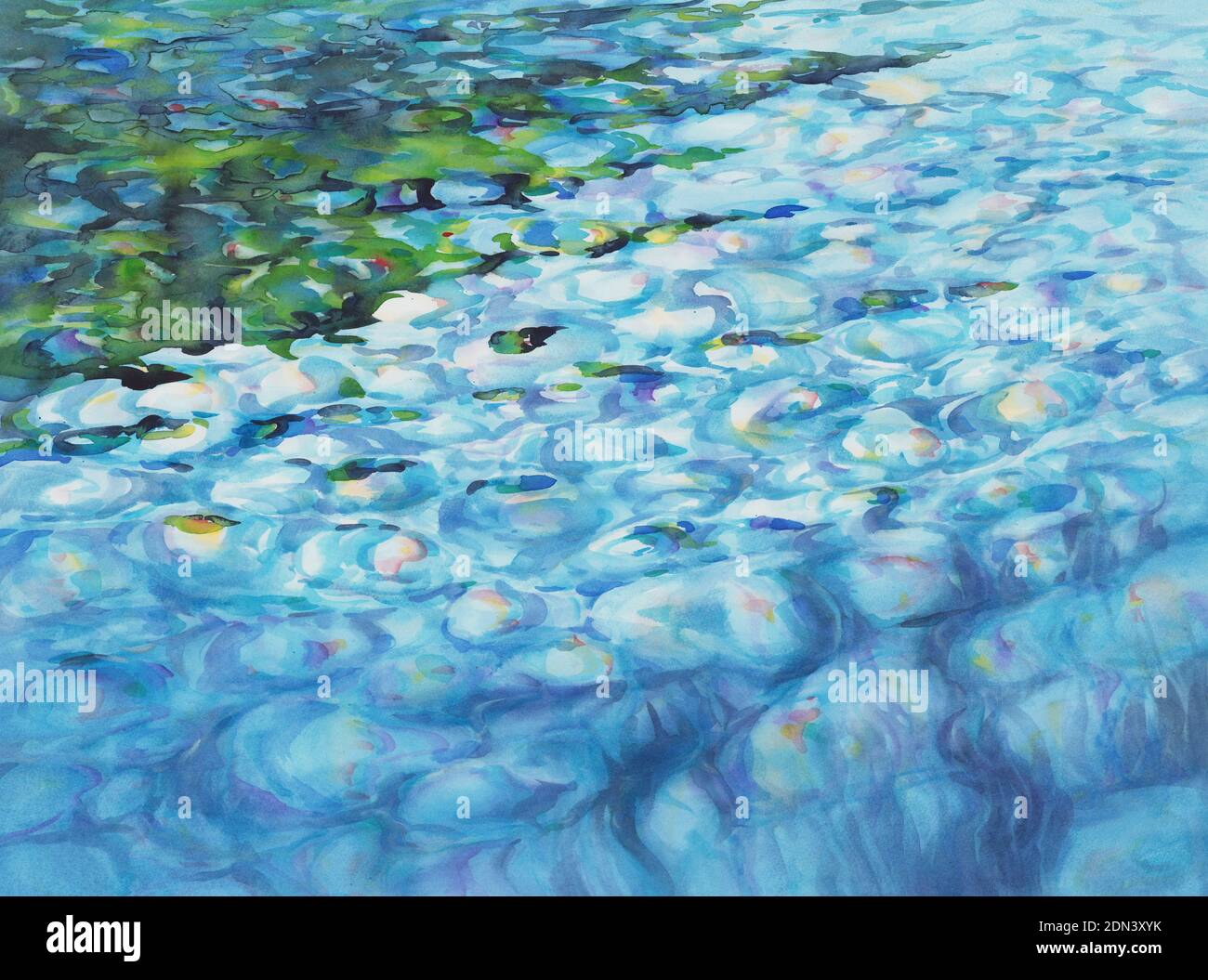 Blaues Wasser mit transparenten Wellen Aquarell Hintergrund Stockfoto