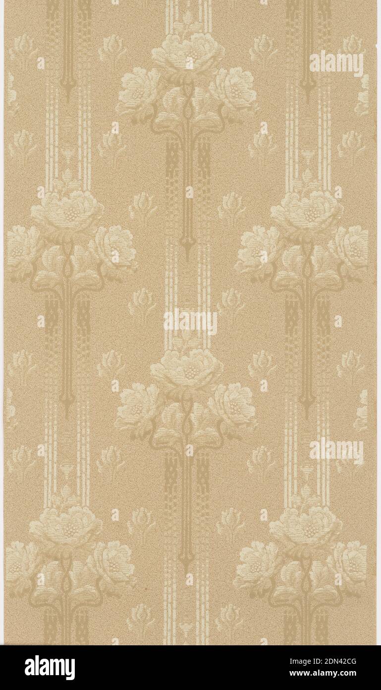 Seitenwand, maschinenbedrucktes Papier, auf strukturiertem braunen Boden, weiße und braune graditive florale Motive auf senkrechten Bändern; gestaffelte Einzelblüten., USA, 1905–1915, Wallcoverings, Sidewall Stockfoto