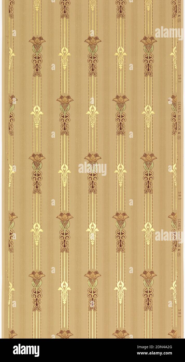 Sidewall, Sears, Roebuck and Co., gegründet 1886, maschinenbedrucktes Papier, Streifendesign, mit stilisierten floralen Motiven, abwechselnd ein größeres Motiv in Farben gedruckt, und ein kleineres Motiv in Gold gedruckt., Chicago, USA, 1914, Wallcoverings, Sidewall Stockfoto