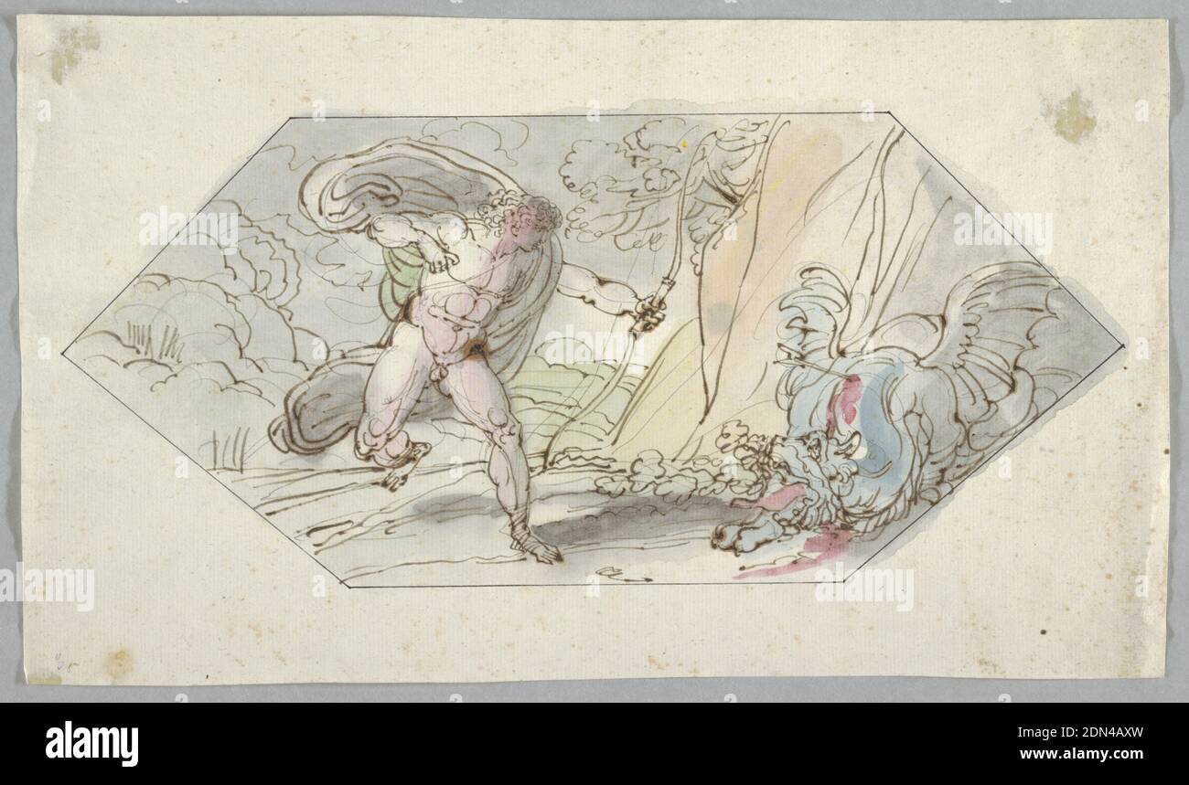 Apollo tötet die Python, Felice Giani, Italienisch, 1758–1823, Bleistift, Stift und schwarze Tinten, Pinsel und Aquarell auf Papier., Horizontales Rechteck. Apollo kommt von links, die hockende Python durchbohrt von einem Pfeil, rechts., Italien, 1796–98, Figuren, Zeichnung Stockfoto