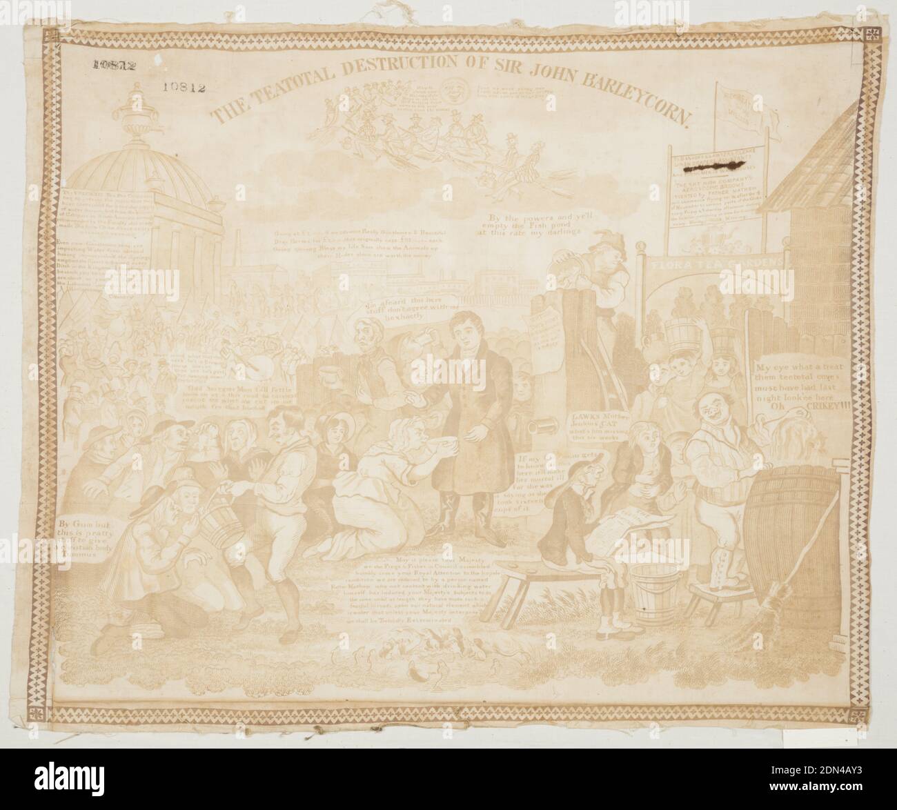 The Teatotal Destruction of Sir John Barleycorn, Medium: Cotton Technique: Printed on plain weave, Bild voller Menschen und Bildunterschriften, die wie ein Cartoon in einem Diamantenrand aufgestellt sind. In braun auf weiß., 'May it please your Majesty of the Moon we are the Half Holyday Coves come to ask you advice on the matter', 'nach meinem Wort junge Männer kann ich Ihnen nicht raten, da unser SYSTEM nicht von URLAUB zugibt', "Die VOLCANIC Tea Pot Company bittet die Öffentlichkeit zu informieren, dass sie für eine regelmäßige Versorgung mit Wasser zischen heiß aus dem Vulkan von Cotopaxi in Südamerika vertraglich stark von der Fakultät empfohlen Stockfoto