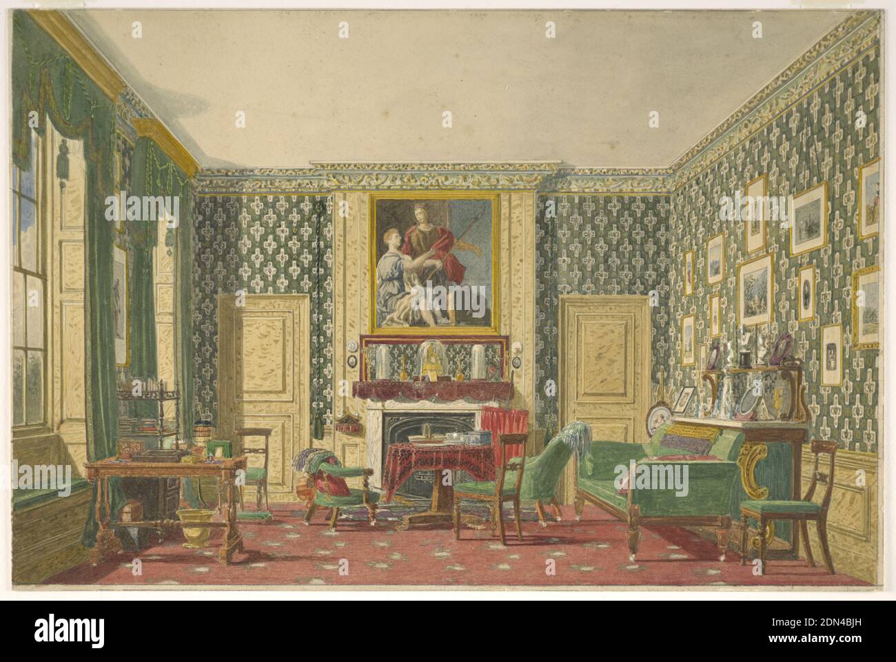 An Interior, Mary Ellen Best, 1809 – 1891, Pinsel und Aquarell, Graphit auf cremefarbenem Wove-Papier, die kühn gemusterte Tapete, grüne Vorhänge und passende Polstermöbel verleihen dem Raum einen Hauch von Männlichkeit. Während die Proportionen der Fenster links für einen Raum für formelle Empfänge geeignet wären, deuten Schreibtisch, Bücherregal und Arbeitstisch darauf hin, dass dieser Innenraum in ein Arbeitszimmer umgewandelt wurde, in dem der Bewohner von seinen Bildern, Büchern und Skulpturen umgeben ist., Deutschland, 1837–40, Innenräume, Zeichnung Stockfoto