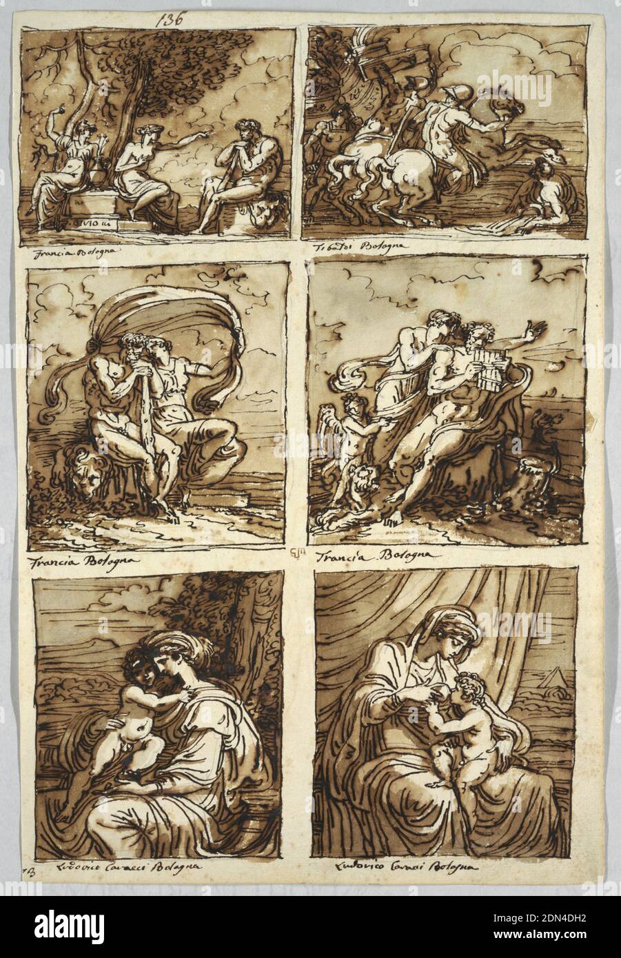 Skizzenbuch: Folio 73; sechs Gemälde der Bologneser Schule; Verso: Anatomische Zeichnungen, Felice Giani, italienisch, 1758–1823, Feder und braune Tinte, Pinsel und Sepia waschen über Spuren von Graphit auf cremefarbenem Papier, oben Herkules; Inschrift: Francia Bologna. Rechts zwischen Schiff und Reiter, beschriftet: Tibaldi Bologna. Zentrum: Hercules und Omphale. Omphale lehrt Herkules Flöte zu spielen. Inschrift: Francia Bologna. Unterste Reihe: Jungfrau hält Kind in ihrem Schoß. Jungfrau säugenden Kind. Eingeschrieben: Ludovico Caracci Bologna. Oben links: 136; Links oben: 73. Verso: Linker Arm abgesenkt, rechte Hand angehoben Stockfoto