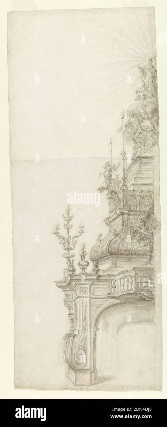 Entwurf für eine Bischofskatafalk, Domenico Antonio Vaccaro, italienisch, 1678–1745, schwarze Kreide, Stift und braune Tinte, Pinsel und Wäsche auf zwei Papierstücken, Architekturzeichnung. Nur die linke Hälfte des Turms sichtbar. Der Turm besteht aus einem länglichen Raum mit Balkon (in der Mitte der Entablatur), einem hohen Leuchter mit Lampen und drei kleinen Lampen in der linken Ecke. Der Plan des Turms ist sechseckig. Vor seinem ersten Abschnitt oben ist der Dado zu sehen, ein ovides Medaillon mit einem halblangen Porträt einer weiblichen heiligen, getragen von einem Engel. Reihen von Kerzenhaltern flankieren ihn. Stockfoto