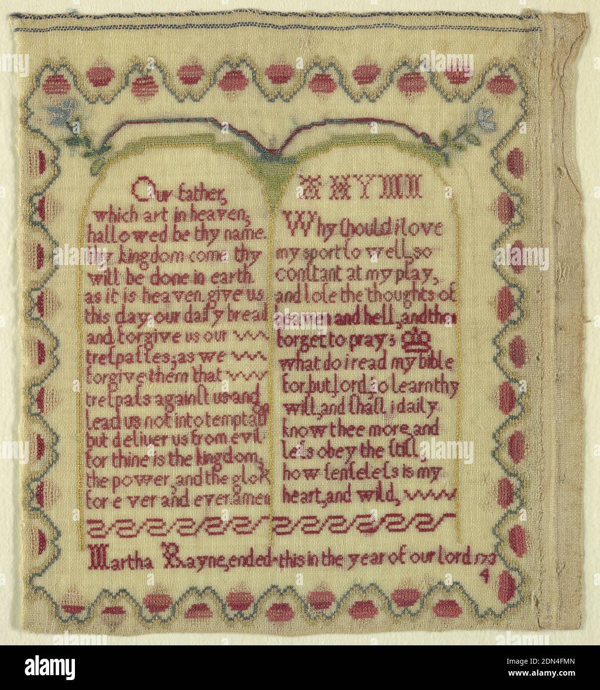 Sampler, Martha Rayne, Englisch, Medium: Seidenstickerei auf Wollgrundierung Technik: Bestickt in gezählten Kreuz- und Halbkreuzstichen auf einfachem Webfundament, innerhalb einer geschwungenen Erdbeergrenze, die Tafeln Moses, eine mit dem Vaterunser, die andere ein Vers:, EINE Hymne, Warum sollte ich meinen Sport so gut lieben, so konstant bei meinem Spiel, Und verlieren die Gedanken des Himmels und der Hölle, und dann vergessen zu beten, Was lese ich meine bibel für, aber Herr, deinen Willen zu lernen, und werde ich täglich dich mehr kennen, und weniger gehorchen die noch jetzt sinnlos in meinem Herzen und wild., mit der Inschrift:, Martha Rayne Stockfoto