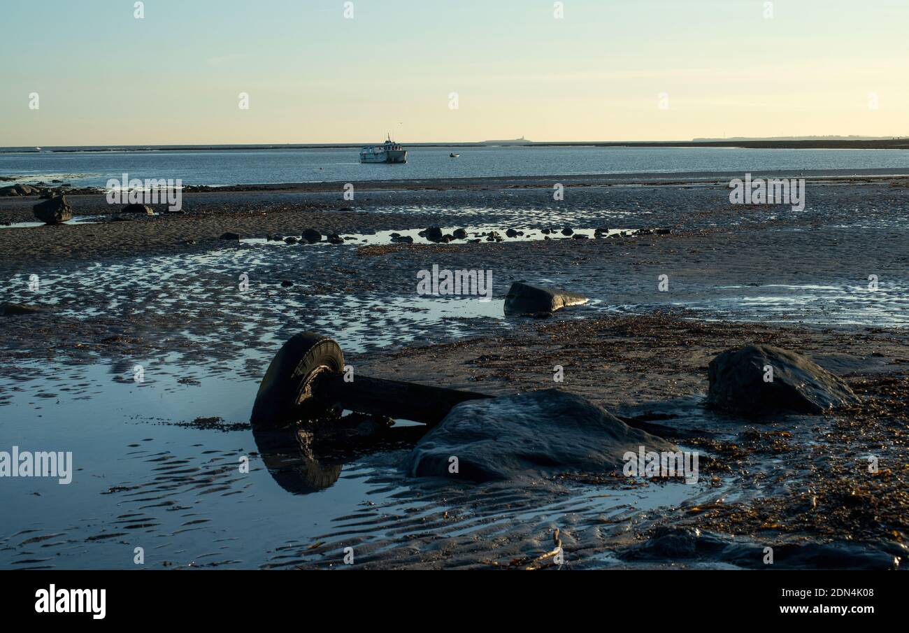 Blick auf Holy Island vom Boulmer Beach auf dem Northumbrian Küste mit einem Drehgestell und Fischerboot, das den Tiefseeboot fängt Wintersonne Stockfoto