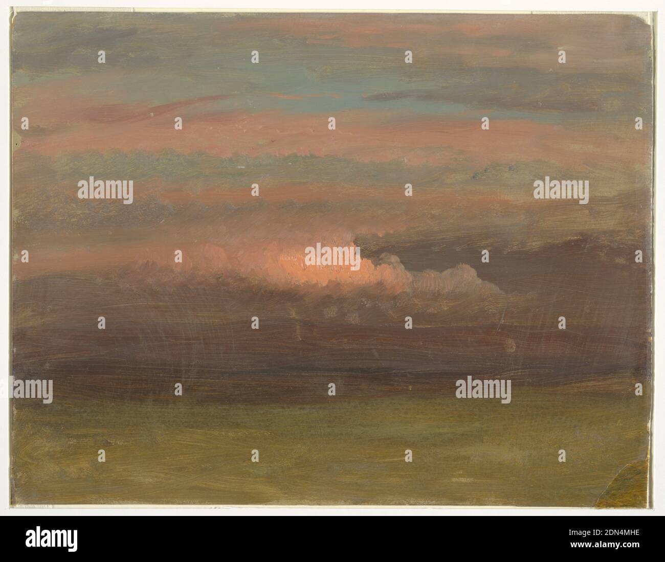 Cloud Study at Sunset, Frederic Edwin Church, American, 1826–1900, Pinsel und Ölfarbe auf Karton, EIN rosa Fleck erhellt tief hängende Wolken. Niedrige Hügel in der Ferne. Offene Wiese im Vordergrund., USA, 1860–70, Landschaften, Zeichnung Stockfoto