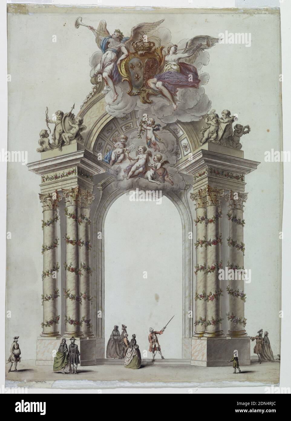 Tor zum Tempel von Hymen, Pavillon auf dem Platz Dauphin, Paris, Frankreich, Charles-François Hutin, Französisch, 1715 - 1776, Stift und schwarze Tinte, Pinsel und Aquarell, weiße Gouache (oxidiert), über Graphit auf dickem weißen Gewebspapier, EIN großes gewölbtes Tor mit Säulen auf beiden Seiten mit verzierten Girlanden eingewickelt. Gruppen von Putti-Skulpturen an der Spitze jeder Reihe von Säulen mit Schilden, Bögen und Pfeile. In der oberen Mitte des Bogens, eine Erscheinung von geflügelten Engelsfiguren auf Wolken sitzend, männliche und weibliche Figuren an der Spitze flankierenden Wappen und weht bugles. Stockfoto
