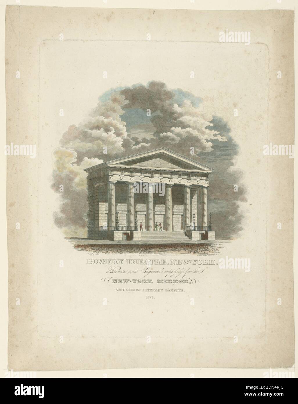 Bowery Theater, New York, NY, Alexander Jackson Davis, Amerikaner, 1803–1892, Gravur mit Radierung, Pinsel und Aquarell auf Papier, Vertikales Format. Außenansicht eines architektonischen Entwurfs für Theater. Der Portikus ist im römisch-dorischen Stil mit sechs Säulen dargestellt. Drei Figuren stehen auf der Veranda. Der Rest des Gebäudes ist in Wolken gehüllt, auch über dem Gebäude. Unten links: 'A J. Davis del.;' untere Mitte: 'W. Hooker Printer;' unten rechts: 'Rawden, Wright and Co. SC N. York;' 'Sera Arch.' Bildunterschrift unten., Europa und USA, 1828, Theater, Druck Stockfoto