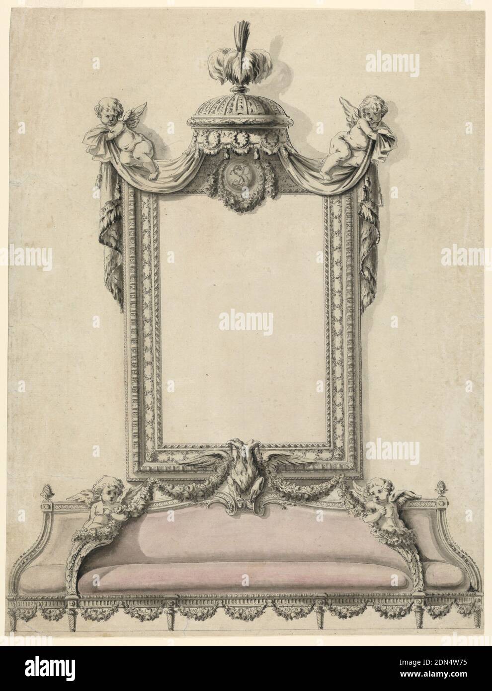 Design für Sofa und Spiegel, Portrait Zimmer, Königspalast; Warschau, Polen, Jean Louis Prieur, Französisch, 1732 - 1795, Stanislas Augustus II., König von Polen, 1732–1798, Stift und schwarze Tinte, Pinsel und Grauwäsche, rosa Aquarell auf cremefarbenem Papier, EIN Sofa mit zwei Endsitzen, die von gaines vom Mittelteil getrennt sind; Ein doppelköpfiger ausgebreiteten Adler, oben in der Mitte, von dem die Festoons zum Boden des Spiegelrahmens hingen, gekrönt von einem Baldachin mit Federn; oben werden die Vorhänge durch Putti an den Ecken hochgehalten; ein kreisförmiges Medaillon unter dem Baldachin enthält das Monogramm SIR, das sich auf König bezieht Stockfoto