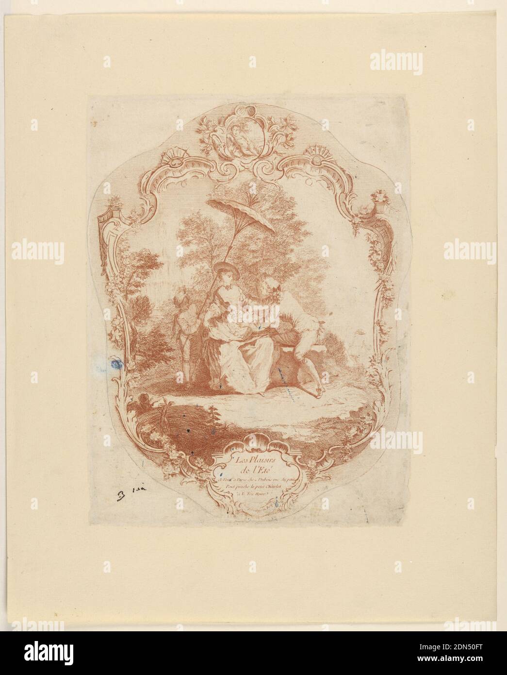 Les Plaisirs de le'Eté, Dubois, Radierung auf cremeweißem Papier, Escutcheon. Die Vergnügungen des Sommers. Ein Junge bringt ein Mädchen Äpfel. Das Mädchen sitzt in einem Park, und ein Sklavenjunge hält einen Regenschirm über ihr. Ein schlafend Kind ist oben., ca. 1725, Kostüm & Accessoires, Print Stockfoto
