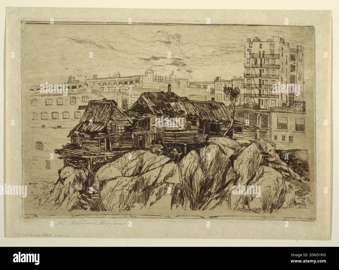 The Cliff Dwellers of New York, Mary Nimmo Moran, Amerikaner, 1842–1899, Radierung und Scotch-Steinton in brauner Tinte auf Papier, Blick auf wackelige Strukturen auf Felsen mit Mietshäusern im Hintergrund., USA, 1881, Architektur, Print Stockfoto