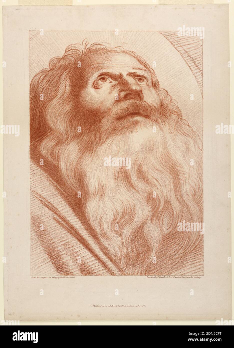 Old man's Head, Francesco Bartolozzi, Italienisch, Active England, 1727–1815, Annibale Carracci, Italienisch, 1560–1609, John Chamberlaine, Englisch, 1745 - 1812, Gravieren in der Kreideweise in rotbrauner Tinte auf weißem Papier, Old man mit großem Bart, Blick nach oben und leicht nach rechts., England, 1796, Print Stockfoto