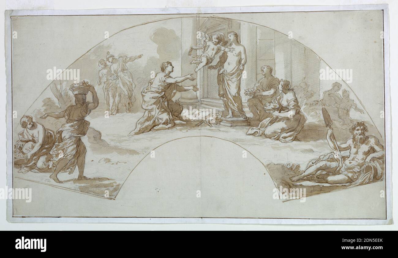 Design für einen Fan: Anbetung der Venus durch Kunst, Bleistift, Stift und Tinte, braune Wäsche, vor einem klassischen Portikus, kniet eine weibliche Figur mit den Attributen der Bildenden Künste in Anbetung vor einer Statue der Venus. Amor fliegt darüber. Andere Figuren, darunter ein flussgott unten rechts., Italien und Frankreich, 1750–70, Kostüm & Accessoires, Zeichnung Stockfoto