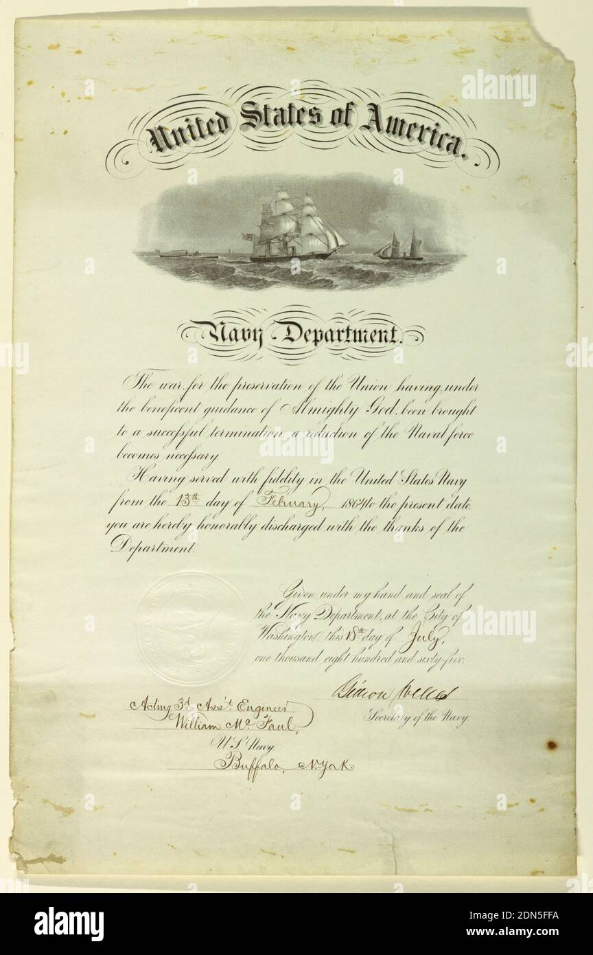 Zertifikat: Entlassung des Marinemates, Gravur in schwarzer Tinte auf Papier, Frankreich und USA, 18. Juli 1865, Druck Stockfoto
