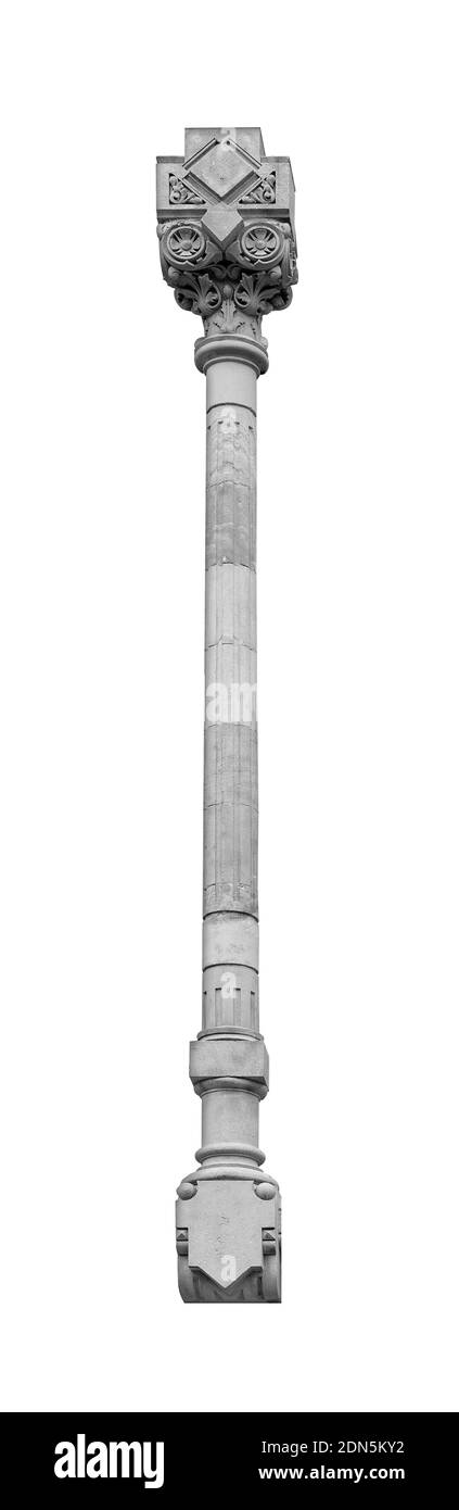 Elemente der architektonischen Dekorationen von Gebäuden, Säulen und Stuck. Auf den Straßen in Katalonien, öffentliche Plätze. Stockfoto