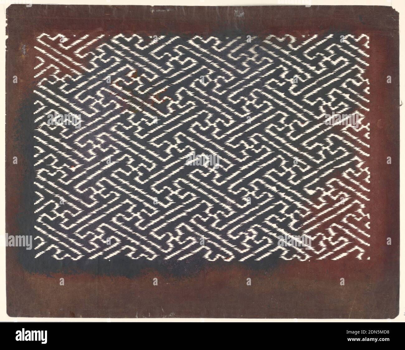 Fylfot-Motiv, Mulberry-Papier (Kozo washi) mit fermentiertem Persimmon-Tannin (kakishibu) behandelt, Fylfot (sayagata) ist ein beliebtes geometrisches Design, das während der Edo-Ära "Saya" genannt wurde. Dieses Muster ist ein Standard-Kartensymbol für buddhistische Tempel in Japan. Ursprünglich stammte dieses Piktogramm aus dem Brusthaar des hinduistischen Gottes der Liebe Vishnu. Heute stellt sie ein gutes Omen und eine Tugend dar. Die zackigen Kanten ähneln der Wirkung der Ikat-Färbung., Japan, Mitte 18. - Anfang 19. Jahrhundert, Textildesigns, Katagami, Katagami Stockfoto