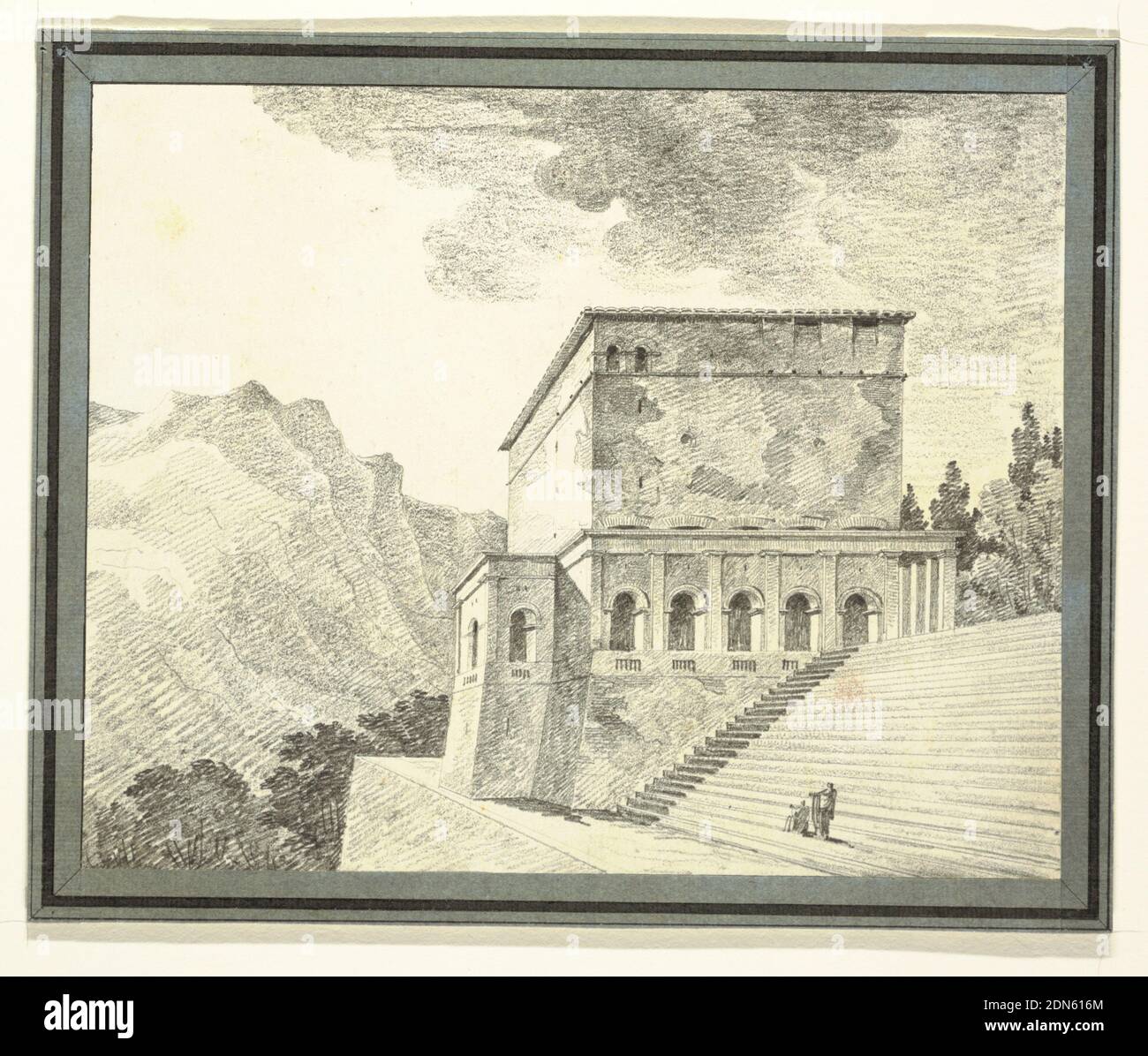Imaginary Classical Temple in the Mountains, Felice Giani, italienisch, 1758–1823, Schwarze Kreide auf cremefarbenem Papier, Treppe, hohes Gebäude mit Portikus davor, alle auf Unterbau gelegen. Zwei Figuren in klassischer Kleidung, eine sitzend, eine unter der Treppe stehend, die rechten Arme ausstreckend. Hintergrund rechts, Bäume, links, Baumspitze und Berge., Italien, 1800–1825, Landschaften, Zeichnung Stockfoto