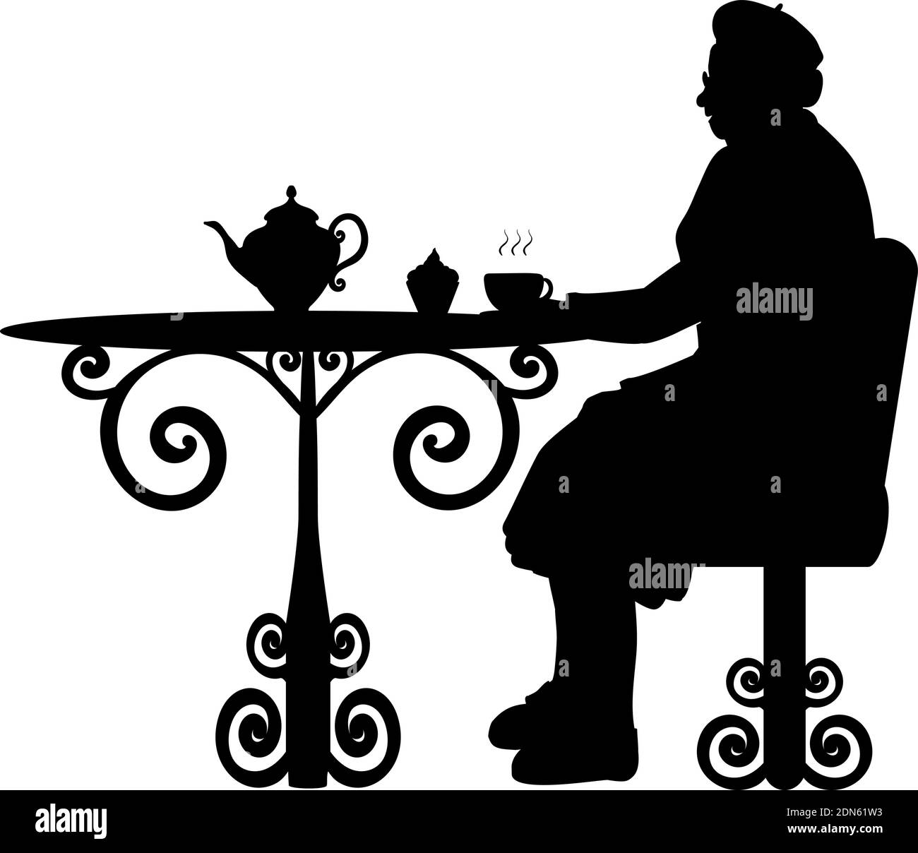 Silhouette ältere Frau Oma mit Tee am Tisch. Symbol für die Abbildung Stock Vektor