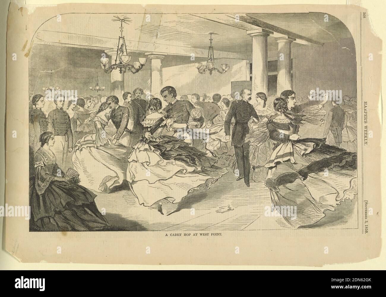 A Cadet Hop at West Point, Winslow Homer, American, 1836–1910, Harper's Weekly, Holzstich in schwarzer Tinte auf Papier, Paare tanzen eine Polka an einem großen Ball. Die Männer sind in Uniform., USA, 3. September 1859, Zahlen, Print Stockfoto