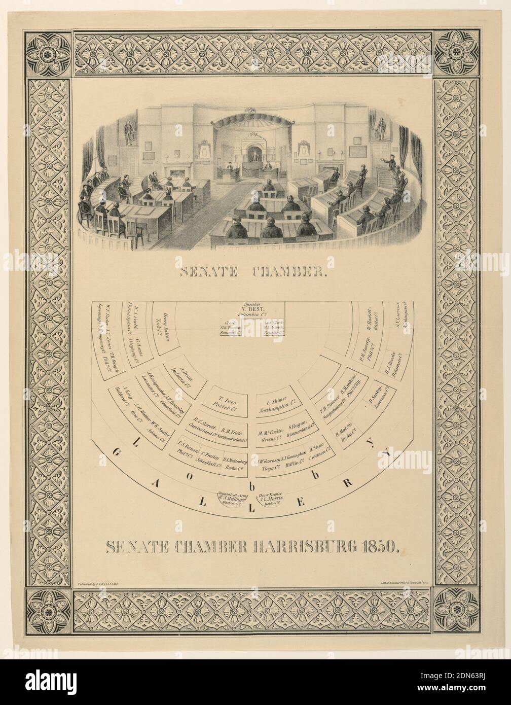 Senatskammer, Harrisbug, Pennsylvannia, August Kollner, 1813–1850, S. T. Williams, Lithograph mit schwarzer Tinte auf Papier, vertikales Rechteck. Vignette der Senatskammer Innenraum, Blick auf das Podium des Sprechers. Unten: Plan der Kammer, mit den Namen der Mitglieder angegeben. Bildunterschrift: 'Senate Chamber Harrisburg 1850'. In Zierrahmen eingeschlossen. Unten links: 'Pubished by S.T. Williams.“ Unten rechts: Lith. Von A. Kollner Phile H. Camp Litho Press.', USA, 1850, Interiors, Print Stockfoto