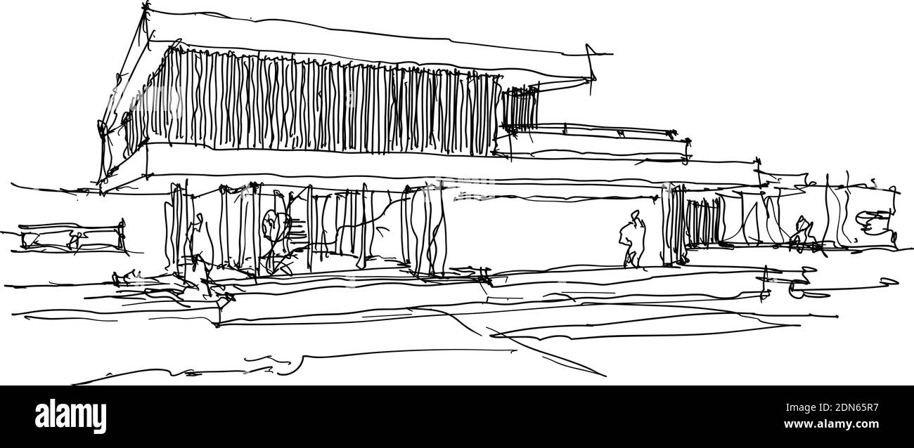 Handgezeichnete architektonische Skizzen eines modernen zweistöckigen Einfamilienhauses Mit Flachdach und Menschen um Stock Vektor
