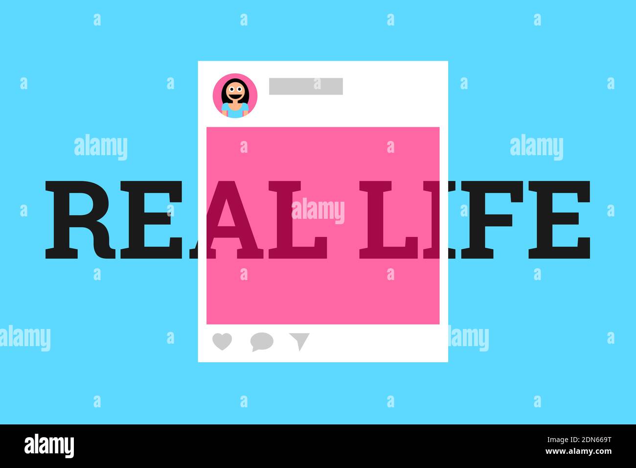 Real Life vs Social Media - rosarot und rosa Farbe der Post verzerrt und manipuliert Realität - gefälschte, falsche und unauthentische Idealisierung auf s Stockfoto
