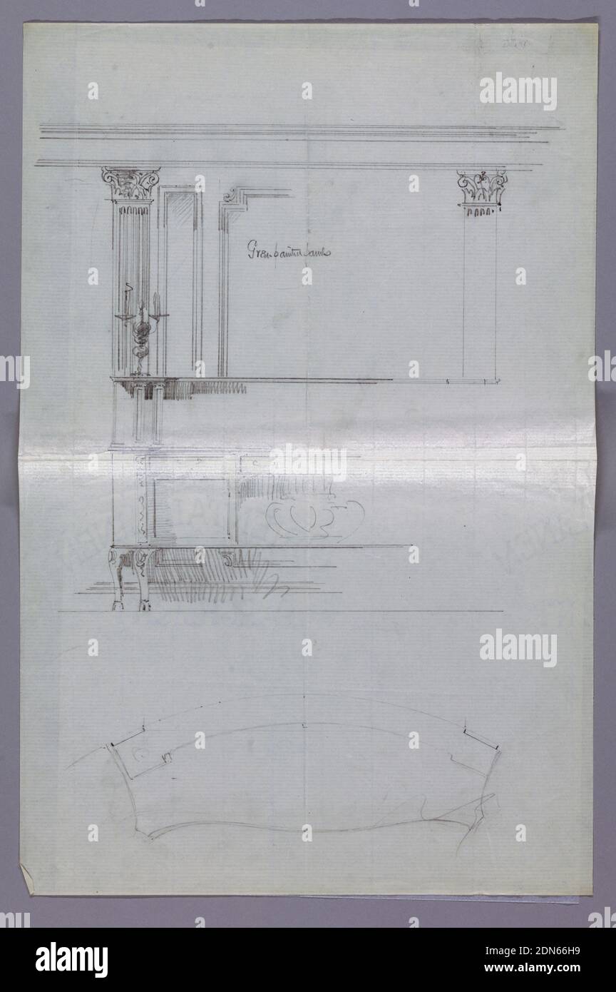 Teilentwurf für Sideboard in Elevation and Plan, A.N. Davenport Co., Stift und schwarze Tinte auf dünnem cremefarbenem Papier, Höhenansicht [nur linke Hälfte]: Aufwändig längliches Sideboard mit Kabinenbeinen und Nische in der Mitte, flankiert von 2 Türen; oberes Regal mit erhöhtem Backsplash und paar kurzen Säulen; Oben links, Skizzen von Wandverkleidungen mit geriffelten Pilastern aus Verbundbauweise und einem Pilaster. Grundriss: Halbkreisförmige Oberseite mit konvexer Front., 1900–05, Möbel, Zeichnung Stockfoto