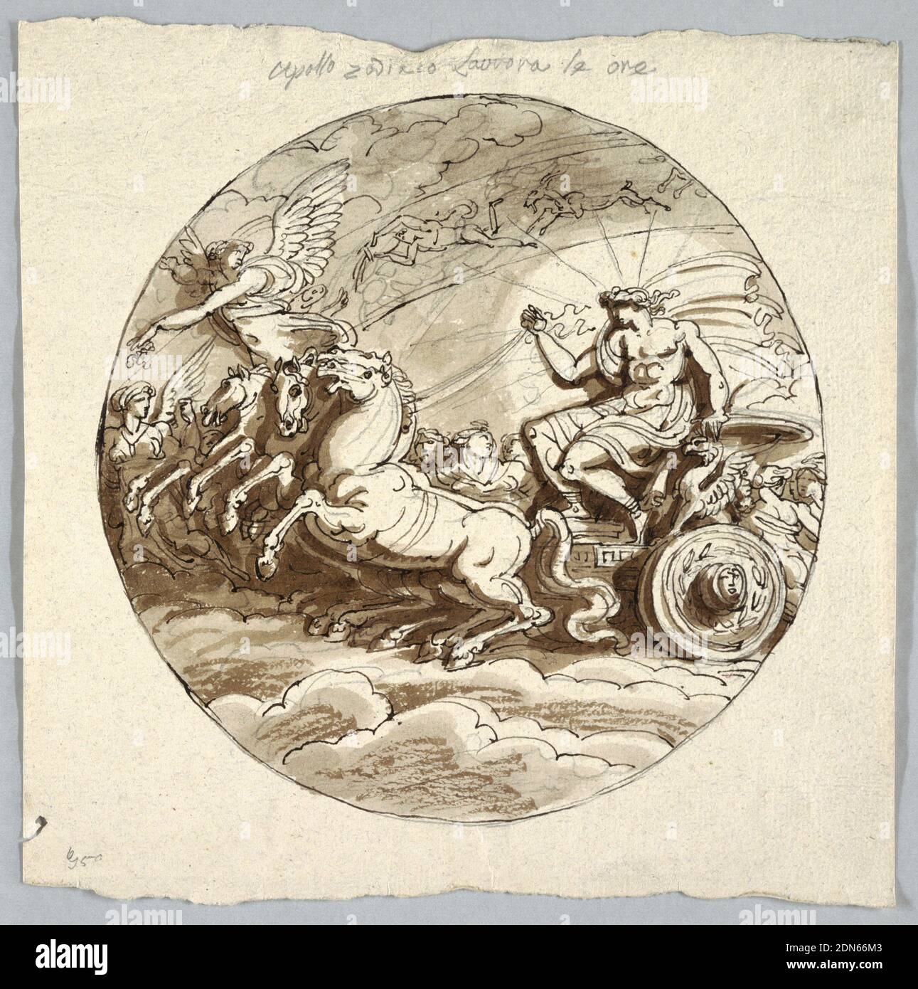 Apollo in Chariot mit Aurora und den Stunden, Felice Giani, italienisch, 1758–1823, Feder und braune Tinte, Pinsel und braune Aquarelle wäscht über Spuren von Graphit auf hellbraunem rauem Papier, Apollo zeigt Reiten im Wagen von drei Pferden gezeichnet. Aurora und die Stunden begleiten ihn. Teil des Tierkreises gezeigt., Italien, 1805, Figuren, Zeichnung Stockfoto