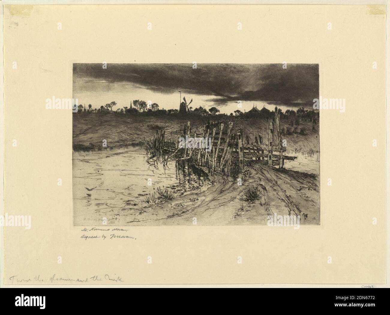Twixt The Gloaming and the Mirk, Mary Nimmo Moran, Amerikaner, 1842–1899, Ätzung und Mezzotint, gedruckt mit Tellerton in brauner Tinte auf Papier, Blick auf eine Landbrücke über einen kleinen Bach. Stalldächer und eine Windmühle in der Ferne., USA, 1883, Landschaften, Print Stockfoto