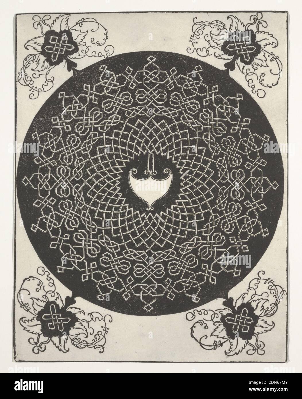 Der erste Knoten (Interlace Pattern with White Medallion), Albrecht Dürer, Deutsch, 1471–1528, Holzschnitt auf cremeweißem Papier, ein filigranes, kreisförmiges Design mit herzförmigem Mittelmotiv., Deutschland, vor 1521, Ornament, Druck Stockfoto