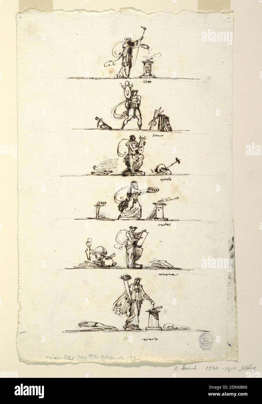 Sechs antike Götter und Göttinnen, Felice Giani, italienisch, 1758–1823, Feder und braune Tinte, schwarze Kreide, Graphit auf gedeckten Papier, vertikales Rechteck. Einer unter dem anderen, auf einer Linie stehend. Eine aufopfernde Frau, die linke Fackel trägt; Bildunterschrift: 'Pluto'. Krieger beim Gehen mit Trophäe; zwischen zwei Trophäen, rechts mit Donnerschlag; Bildunterschrift: 'Gione' Apollo beim Stehen und Spielen der Leier; links Rollen beim Liegen, rechts andere Objekte; Bildunterschrift: 'Apollo'. Frau eilt zum Opfer am Altar; schwarze Kreide: Der Pfahl, auf dem Herkules liegt, ist angezündet., Italien, nach 1850, Figuren, Zeichnung Stockfoto