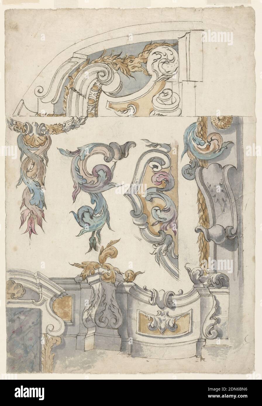 Architektonische Ornamente:, Aquarell, über Stift und braune Tinte Unterstützung: Grobes weißes Papier, Italien, 1675–1700, Architektur, Zeichnung Stockfoto