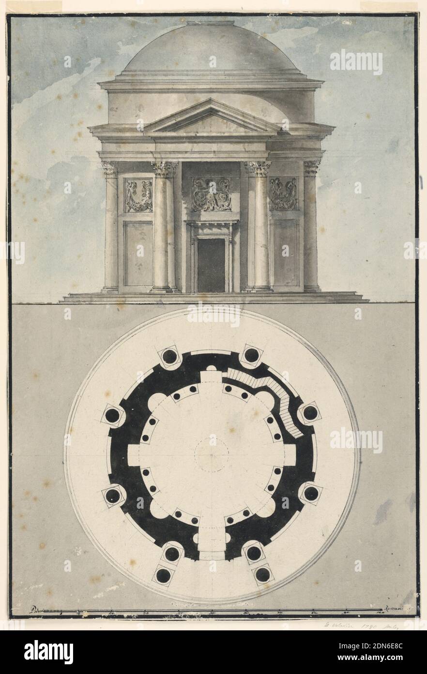 Entwurf für einen gewölbten klassischen Tempel mit Portico, Stift und Pinsel und schwarzer Tinte, schwarzer Waschgang, blauem und braunem Aquarell, schwarzer Kreide auf schwerem cremefarbenen Papier, linierter Rand mit Pinsel und schwarzer Tinte, kreisförmiger, gewölbter Tempel in Höhe und Plan, mit Portico und dreieckigem Giebel. Portikus mit korinthischen Säulen, die auch schmücken den Tempel außen unterstützt. Fries über Tür mit Sirene, deren Doppelschwanzenden in Rinzeaux-Design enden; Paneele auf beiden Seiten der Tür mit Rinceaux- oder Fischrelief., Italien, ca. 1780, Architektur, Zeichnung Stockfoto