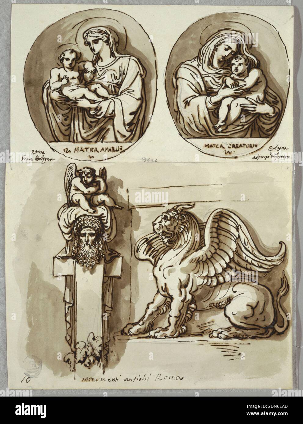 Zwei Zeichnungen der Madonna mit Kind in Ovalen, Studien nach Giambologna und Alfonzo da Ferrero; Herm and Chimera, after Antique, Felice Giani, italienisch, 1758–1823, Feder und braune Tusche, Pinsel und braune Wäsche, über schwarzer Kreide auf weißem schwerem Wove-Papier, oben zwei ovale Kompositionen, beide mit Halbfiguren der Madonna mit Kind. Unten, unten links, Herm oder Stele, mit Eichenblättern an der Basis, geflügelte Putto sitzt auf Kissen oder Turban, die auf dem Kopf des bärtigen Mannes ruht. Unten rechts, sitzende Chimäre im Profil, mit Ziegenkopf, Löwenpfoten und Flügeln., Italien, 1821–22, Figuren, Zeichnung Stockfoto